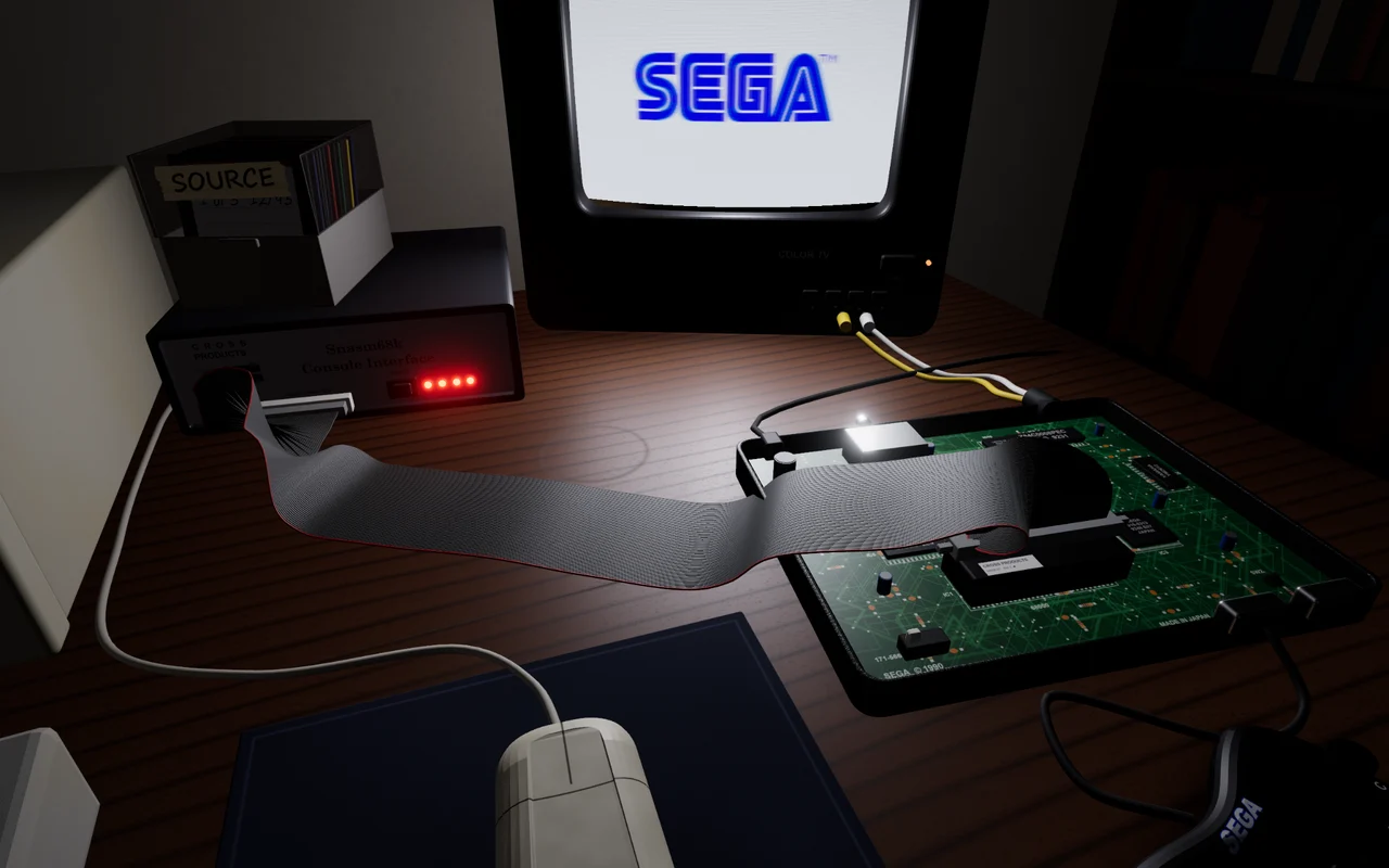 The opened Genesis on the desk, its green board bare, the ribbon from the Console Interface running into the SNASM pod where the 68000 was, lit white by the SEGA logo on the TV behind it
