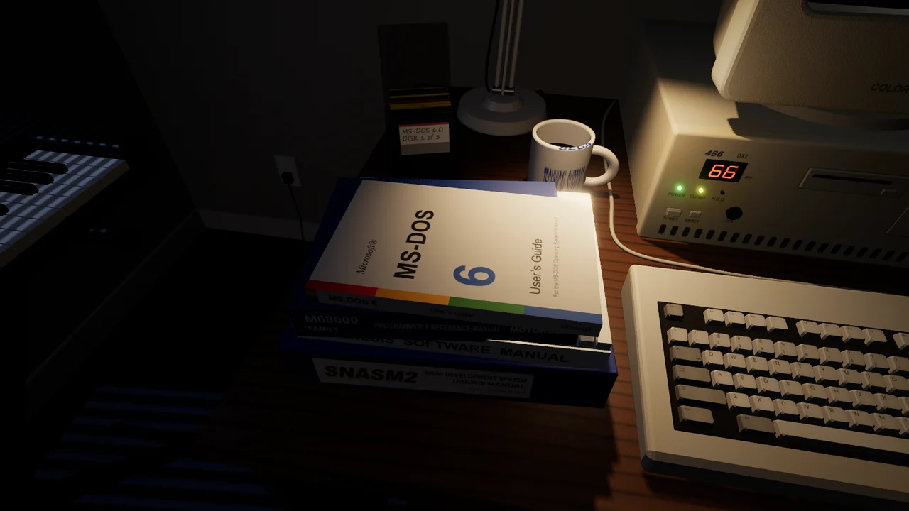 The stack of books under the lamp: the MS-DOS 6 User’s Guide on top, then Motorola’s M68000 Family Programmer’s Reference Manual, Sega’s Genesis Software Manual and the SNASM2 68000 Development System User’s Manual