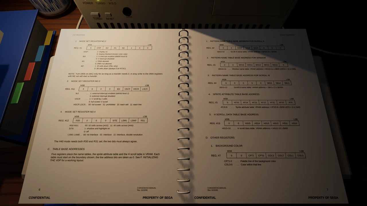 The Genesis Software Manual open at the VDP registers: mode set registers 2, 3 and 4 with their bit diagrams on the left page, the table base addresses and the background colour register on the right