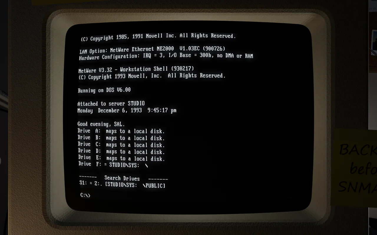 The monitor after login: NetWare Ethernet NE2000 V1.03EC, NetWare V3.32 Workstation Shell (930217), Running on DOS V6.00, Attached to server STUDIO, Monday December 6, 1993, Good evening, SAL., Drive F: = STUDIO\SYS: \, and the search drive S1: = Z:. [STUDIO\SYS: \PUBLIC]