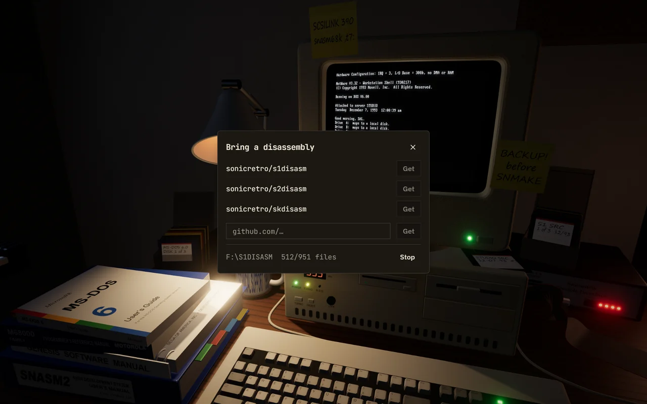 The Bring a disassembly card open over the room, listing sonicretro/s1disasm, s2disasm and skdisasm with a GitHub URL field, partway through an import: F:\S1DISASM, 512 of 951 files