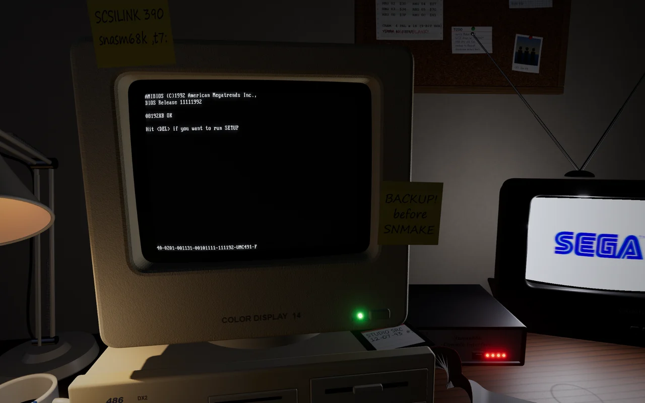 The monitor during POST: AMIBIOS (C)1992 American Megatrends Inc., BIOS Release 11111992, 08192KB OK, Hit <DEL> if you want to run SETUP, and the BIOS ID string along the bottom
