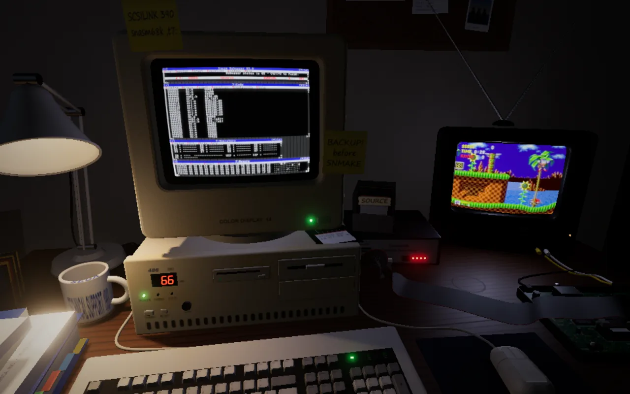 SNBUG68K on the 486 with its Code, Registers and Memory windows, attached to Sonic 1 running in Green Hill Zone on the TV
