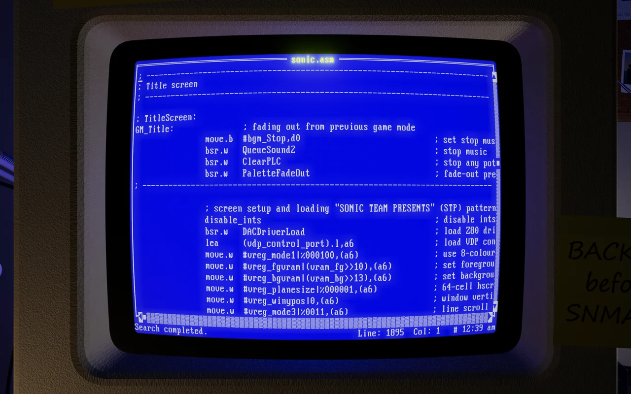 Brief 3.1 on the 486’s monitor in white on blue, open on F:\S1DISASM\sonic.asm at line 1895: the Title screen banner, GM_Title stopping the music and fading out the last game mode, then the VDP setup for SONIC TEAM PRESENTS