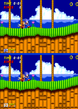 Sonic 2, two-player Emerald Hill: Sonic’s and Tails’ halves of the screen, one above the other
