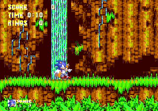 Sonic 3 & Knuckles, Angel Island: Sonic and Tails by a waterfall in the burnt jungle