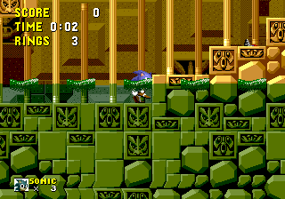 Sonic 1, Labyrinth Zone: the water line crosses the screen, the palette greener below it
